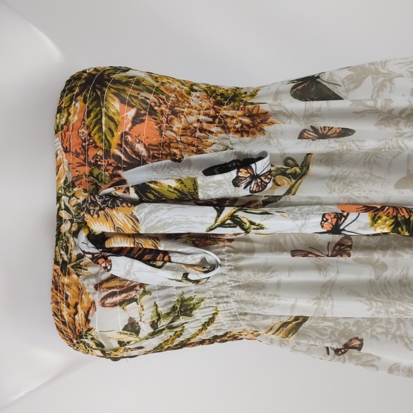 Women's Dress Size Med Cream Orange Butterflies Shirring Maxi High Low Hem Bow - Picture 3 of 10